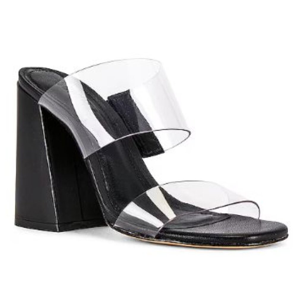 SCHUTZ Victorie Black Leather High Block Heel Sandal Clear Straps 9